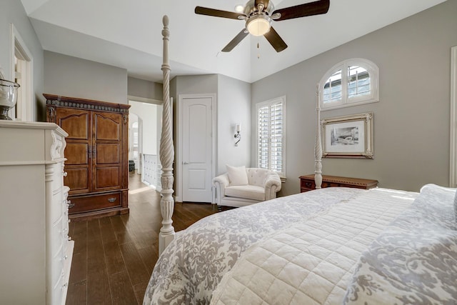 bedroom featuring ceiling fan and dark wood-type flooring