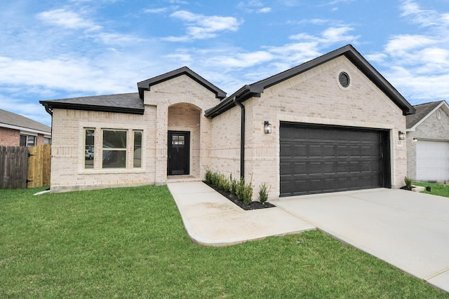 view of front of property featuring a front yard and a garage