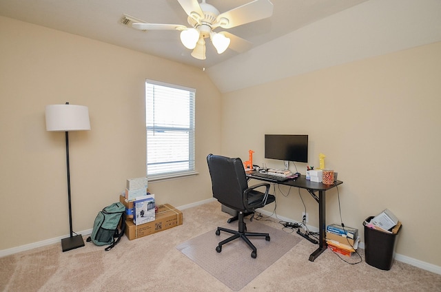 carpeted home office featuring ceiling fan and lofted ceiling