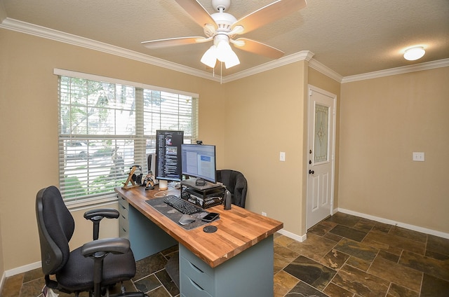 office area featuring a textured ceiling, ceiling fan, and ornamental molding