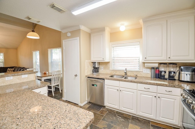 kitchen featuring appliances with stainless steel finishes, crown molding, sink, white cabinets, and hanging light fixtures