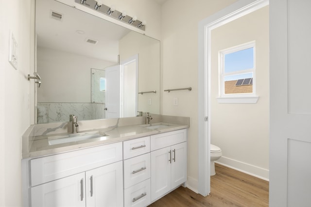 bathroom featuring vanity, wood-type flooring, and toilet