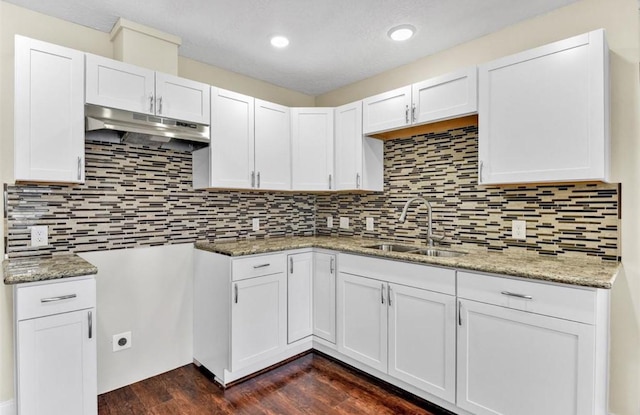 kitchen featuring backsplash, dark hardwood / wood-style floors, white cabinetry, and sink