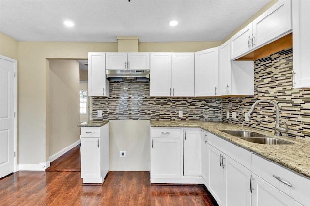 kitchen with dark hardwood / wood-style flooring, light stone counters, white cabinetry, and sink