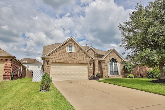 front facade with a garage and a front lawn