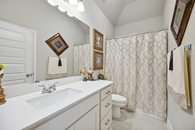 bathroom with tile patterned flooring, vaulted ceiling, toilet, vanity, and a shower with shower curtain