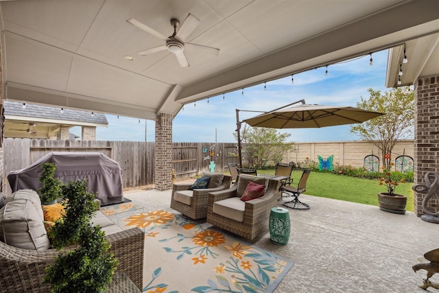 view of patio featuring an outdoor hangout area, grilling area, and ceiling fan