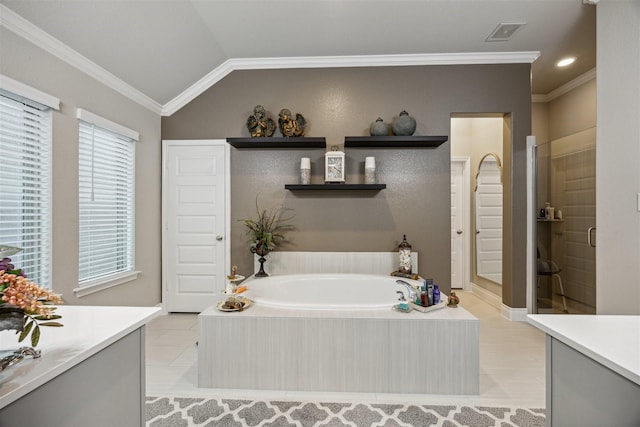 bathroom featuring shower with separate bathtub, vanity, lofted ceiling, and ornamental molding