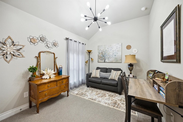 carpeted living room featuring an inviting chandelier and lofted ceiling