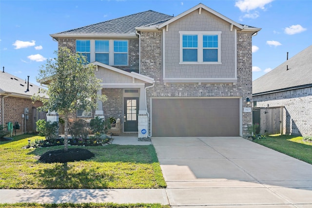 view of front facade with a front yard and a garage