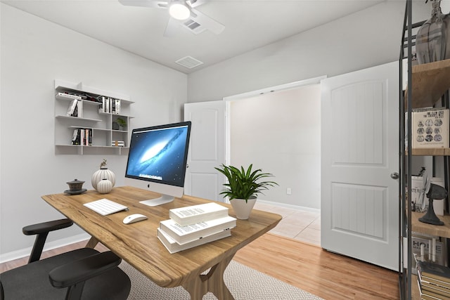 office area with ceiling fan and hardwood / wood-style floors