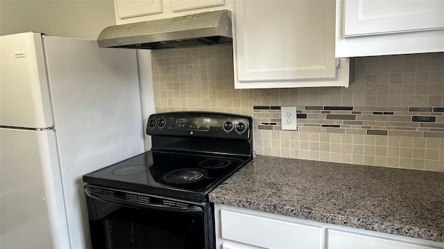 7204 Crownwest St Unit 7204, Houston, TX 77072 - kitchen featuring black / electric stove, backsplash, white cabinets, freestanding refrigerator, and under cabinet range hood