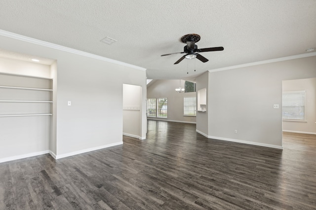 unfurnished living room featuring ceiling fan with notable chandelier, dark hardwood / wood-style flooring, a textured ceiling, and lofted ceiling