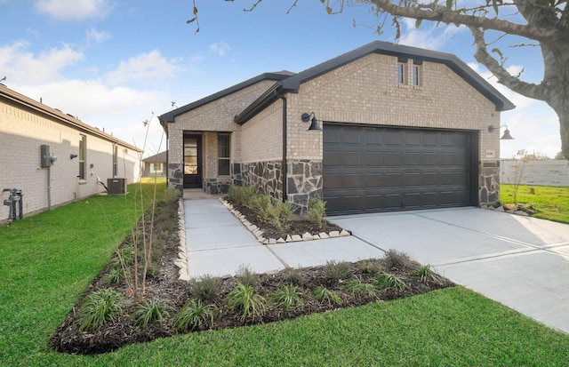 single story home with central AC, a garage, and a front lawn