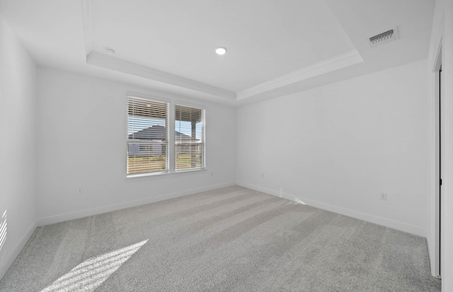 unfurnished room featuring a tray ceiling and light colored carpet