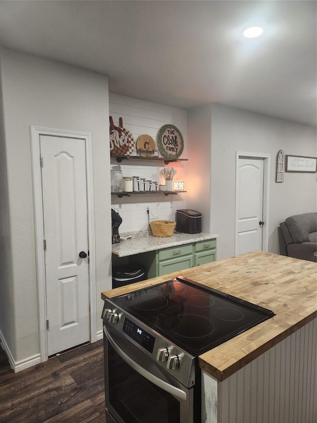 1000 Fm 224th Rd, Coldspring, TX 77331 - kitchen with butcher block counters, electric stove, green cabinets, dark wood finished floors, and open shelves