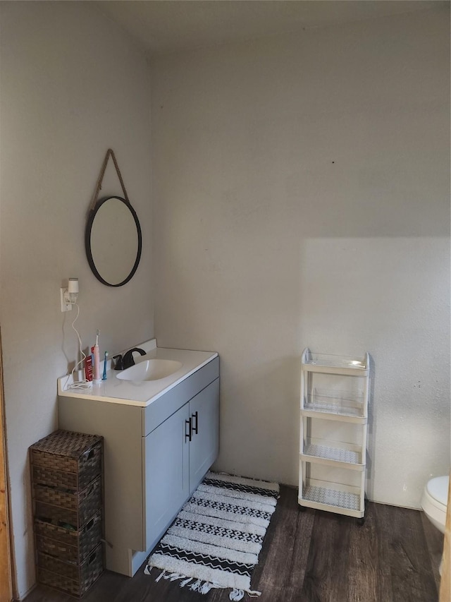 bathroom featuring vanity, wood-type flooring, and toilet