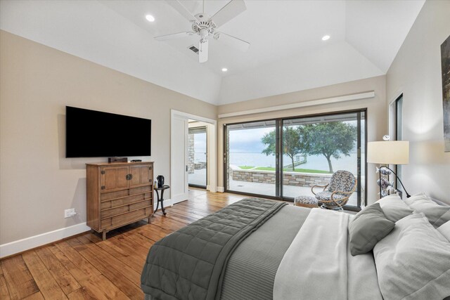 bedroom with ceiling fan, vaulted ceiling, access to outside, and light hardwood / wood-style flooring