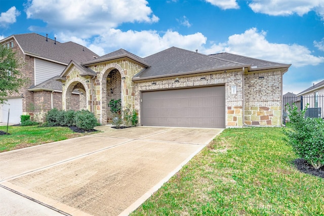 view of front facade featuring cooling unit, a garage, and a front yard