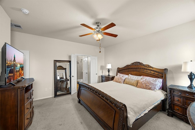 bedroom featuring ceiling fan and light carpet