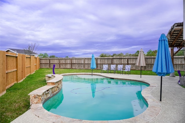 view of swimming pool featuring a yard