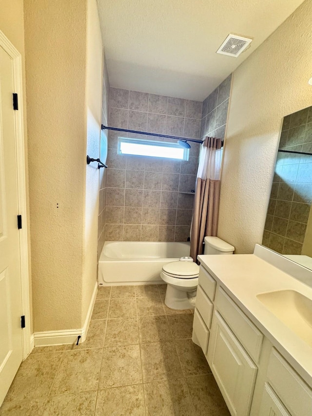 full bathroom featuring vanity, toilet, and shower / bathtub combination with curtain