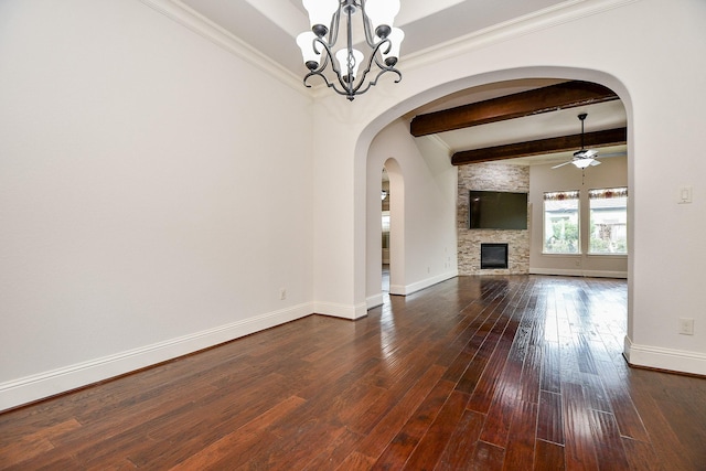 unfurnished living room with a fireplace, baseboards, wood finished floors, and ceiling fan with notable chandelier