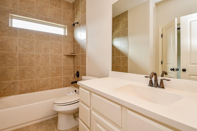 bathroom featuring toilet, shower / bathing tub combination, tile patterned flooring, and vanity