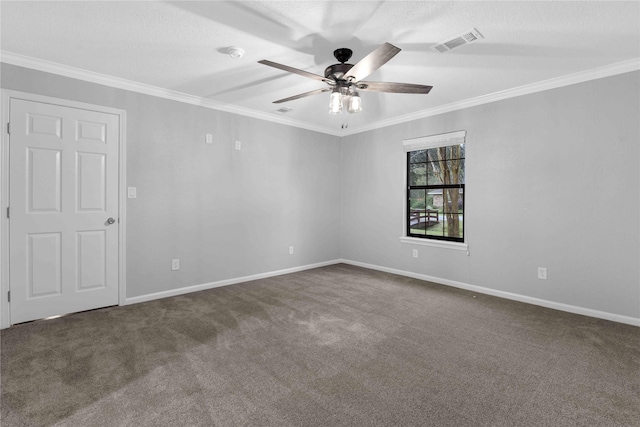 unfurnished room with carpet flooring, ceiling fan, and ornamental molding