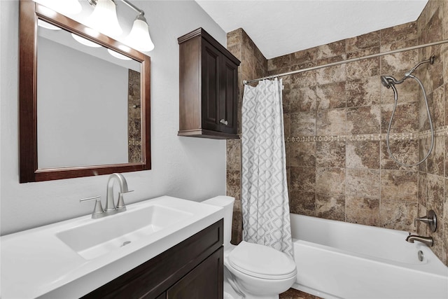 full bathroom with vanity, toilet, and shower / bathtub combination with curtain