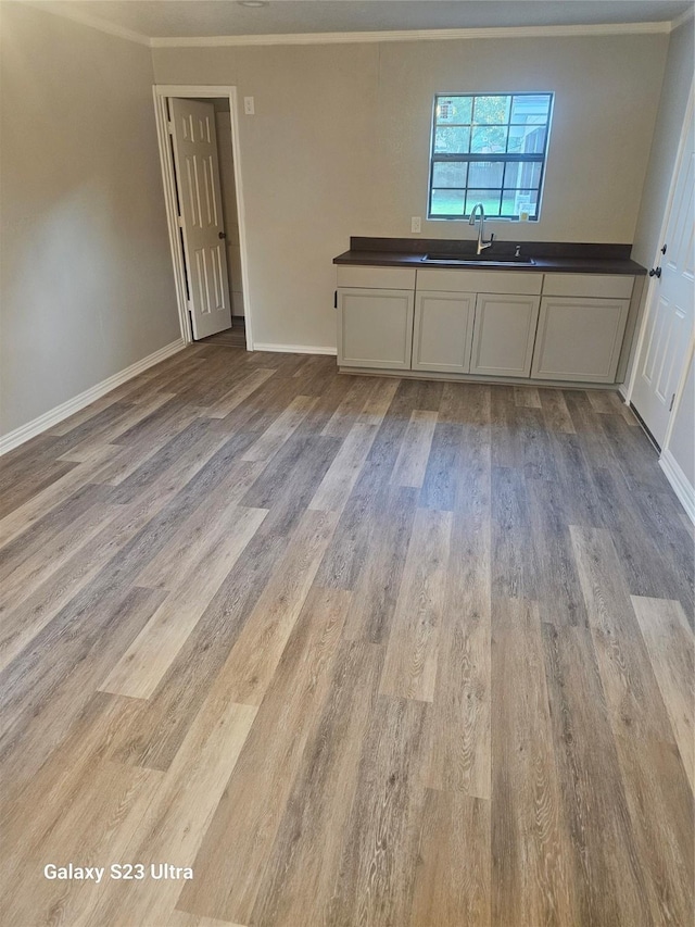 interior space featuring crown molding, sink, and light hardwood / wood-style floors