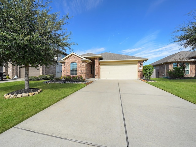 ranch-style home featuring a front yard and a garage