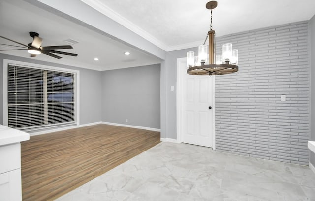 dining room with ceiling fan with notable chandelier, light hardwood / wood-style floors, ornamental molding, and brick wall