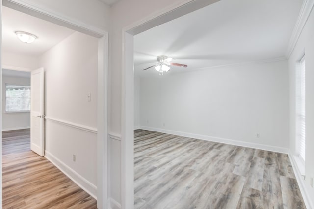 unfurnished room with light wood-type flooring, ceiling fan, and ornamental molding