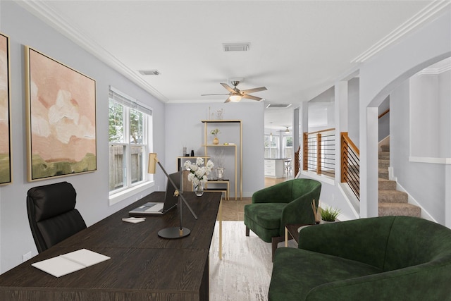 dining room featuring ceiling fan and crown molding