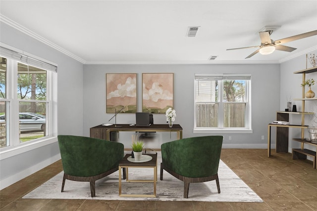 office area featuring ceiling fan and crown molding