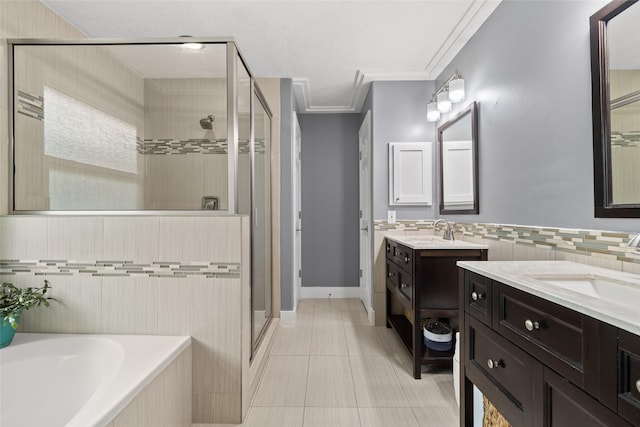 bathroom with vanity, crown molding, separate shower and tub, and tile patterned flooring