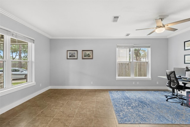 tiled office featuring ceiling fan and crown molding