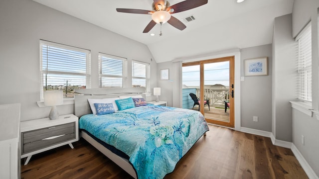 bedroom featuring access to outside, vaulted ceiling, multiple windows, and ceiling fan