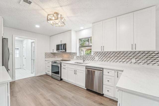 kitchen with white cabinets, sink, decorative backsplash, light wood-type flooring, and stainless steel appliances