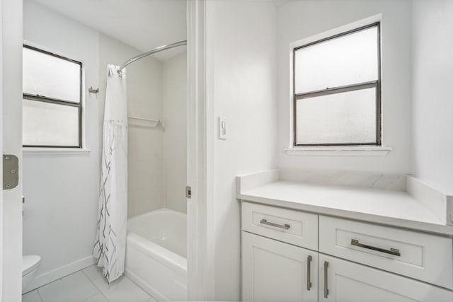 bathroom featuring tile patterned flooring, shower / bathtub combination with curtain, and toilet