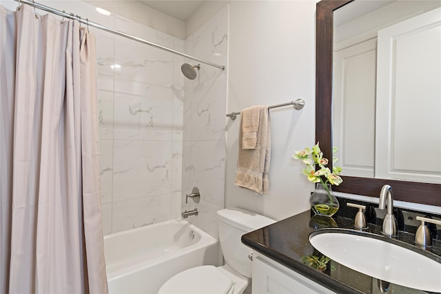 full bathroom with vanity, toilet, and shower / bathtub combination with curtain