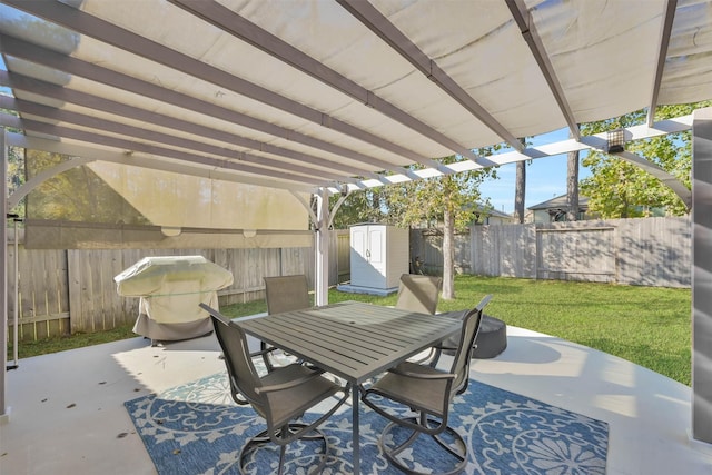 view of patio featuring a storage shed