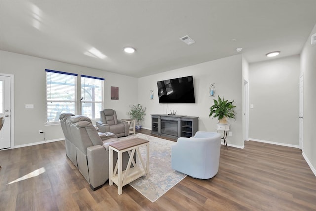 living room with dark hardwood / wood-style flooring and a fireplace