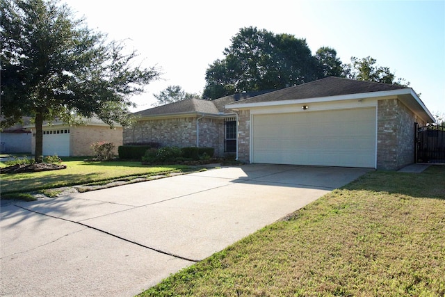 ranch-style home featuring a front lawn and a garage