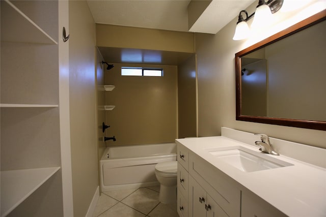 full bathroom with shower / washtub combination, tile patterned flooring, vanity, and toilet