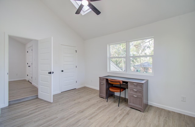 office area featuring ceiling fan, light hardwood / wood-style floors, and high vaulted ceiling