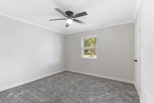 carpeted empty room with ceiling fan and crown molding