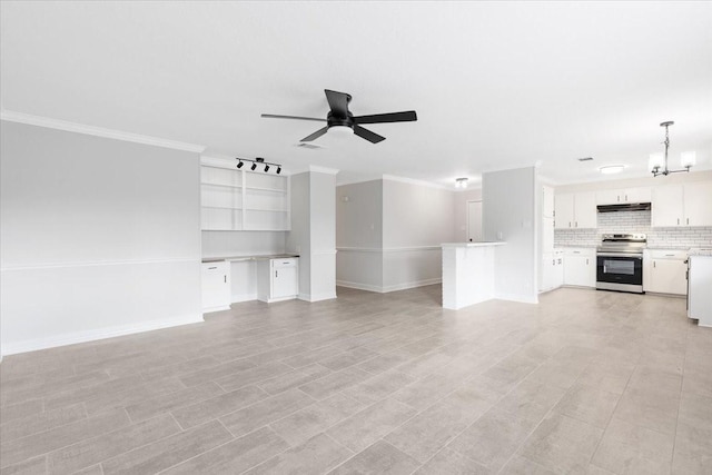 unfurnished living room with crown molding and ceiling fan with notable chandelier