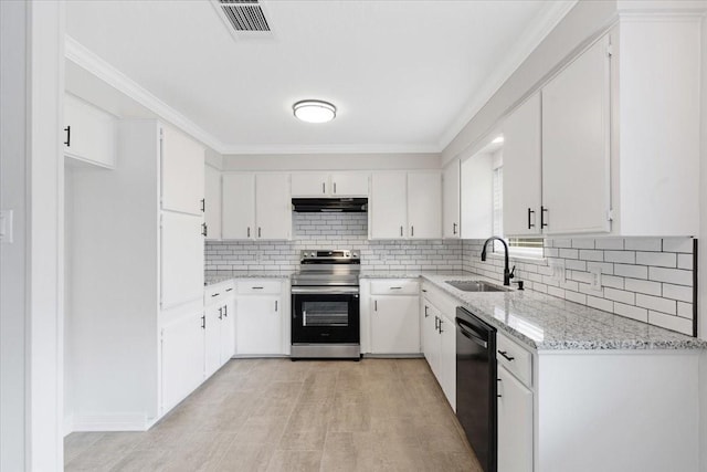 kitchen with tasteful backsplash, stainless steel electric stove, sink, dishwasher, and white cabinetry